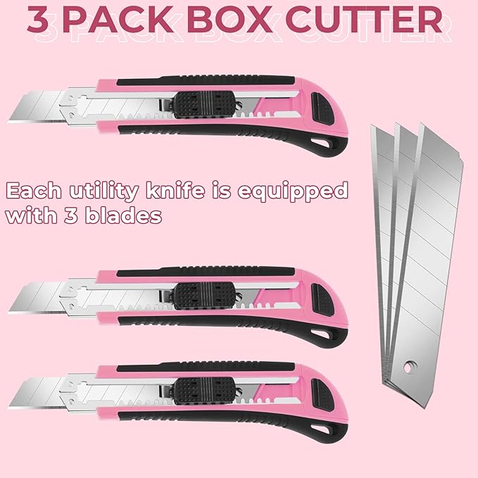 3-Pack Box Cutter, 18mm Wide Blade Utility Knife Retractable, Pink Box Cutter with Quick Change Blade and Lanyard Hole Design, Exacto Knife Suitable for DIY, Office, Arts Crafts and Home