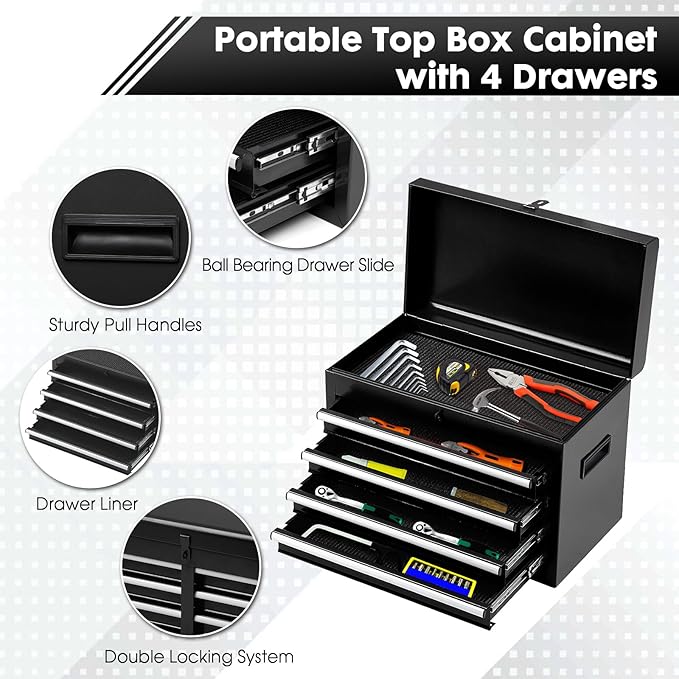 5-Drawer Rolling Tool Chest with Wheels - High Capacity Tool Cabinet with Detachable Top Toolbox for Garage and Workshop Organization - Metal Tool Cart with Liner & 4 Hooks, Black
