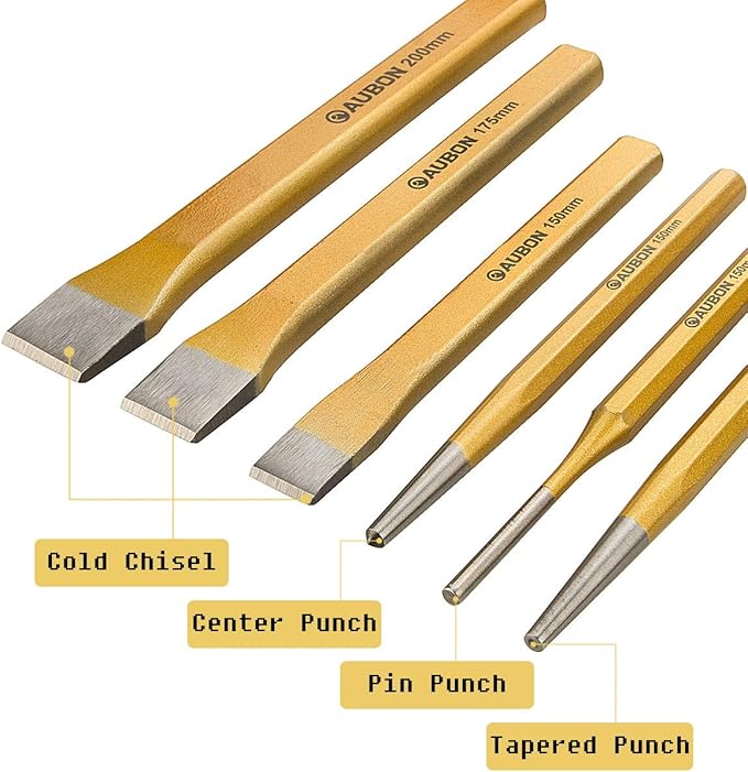 6 Pack Punch and Chisel Set, Includes 3 Pcs Digging Tools Cold Chisel, 3 Pcs Center/Pin/Tapered Punch Set, with Canvas Bag, Masonry Chisels for Brick, Wood, Metal and Stone