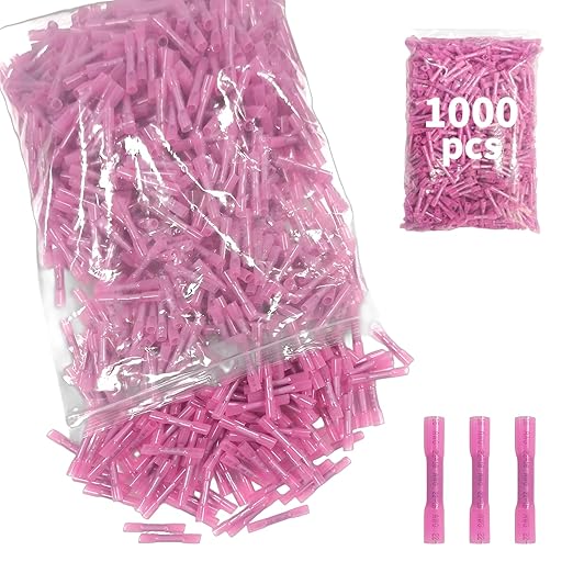 1000Pcs Heat Shrink Butt Connectors, 22-16 AWG Red Marine Grade Insulated Crimp Wire Connectors,Waterproof Electrical Connectors Butt Splice for Cable,Automotive,Boats,Home