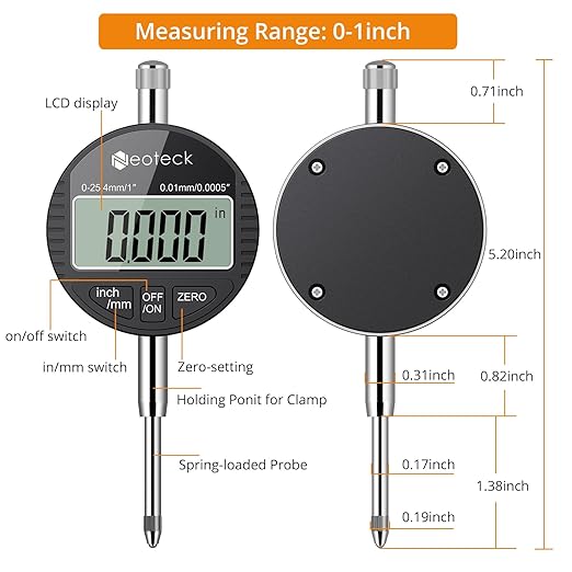 Neoteck Electronic Digital Dial Indicator Gage Gauge 0-1 Inch/25.4 mm Inch/Metric Conversion Auto Off Featured Measuring Tool for 3D Printer Leveling, etc. - Black
