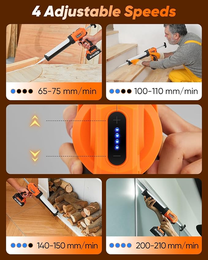 Saker Electric Caulking Gun Cordless Caulk Gun Drip-free with Silicone Caulking Tools 4 Adjustable Speeds with LED Light for Filling, Sealing 1 Batteries