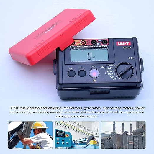 UNI-T 1000V Megohmmeter Insulation Megger Tester, Ground Resistance Tester Meter 0 Megohm to 5.5GΩ with AC 100V/250V/500V Testing Voltage & LCD Display Backlight(UT501A)