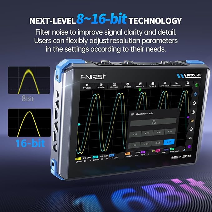 FNIRSI DPOS350P 4-in-1 Tablet Oscilloscope 350MHz, Spectrum Analyzer 200KHz - 350MHz, Frequency Response Analyzer DDS Generator, 2CH Handheld Oscilloscope 1 GSa/s, 7" Touch Screen Digital Phosphor