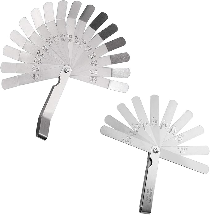 CAMWAY 2Pcs Feeler Gauge Set Steel Metric/Inch 32 Straight Blade Steel Feeler Gauge+16pcs Feeler Gauge 45º Blades Offset for Measuring Gap Width Thickness Valve Spark Plug Gaps Measuring Tools