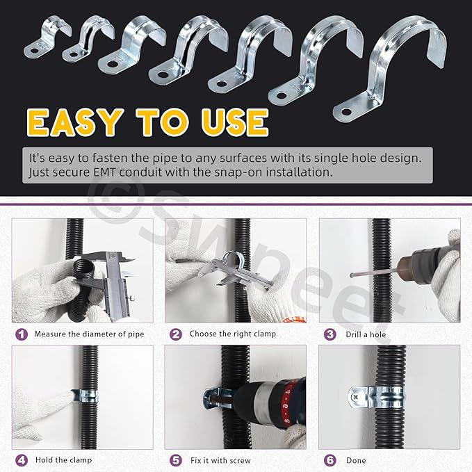 Swpeet 20Pcs 2-1/2"(63mm) Zinc Plated One Hole EMT Pipe Strap Kit, Pipe Straps U Bracket Tube Strap Pipe Clamp 1 Hole Snap On Pipe Strap Conduit Clamps Tension Clips for Fixing EMT Conduit Pipe
