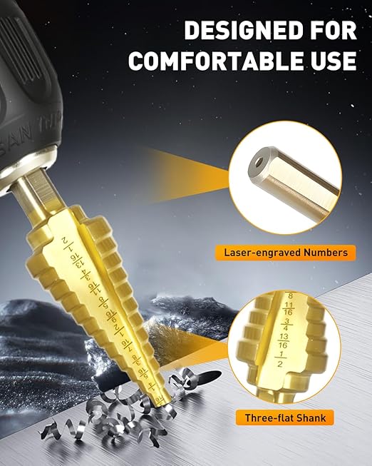 COMOWARE Step Drill Bit Set - Titanium Coated, Double Cutting Blades, High Speed Steel, Short Length Drill Bits Set of 3 pcs, Total 28 Sizes