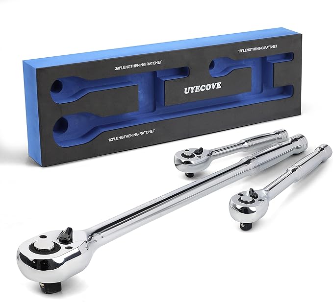Long Ratchet Wrench Set, 1/4", 3/8", 1/2" Drive Long Handle Ratchet 3pcs Set, 72-Tooth Reversible Quick-Release, CR Steel and CR-MO Head, with EVA Storage Tray