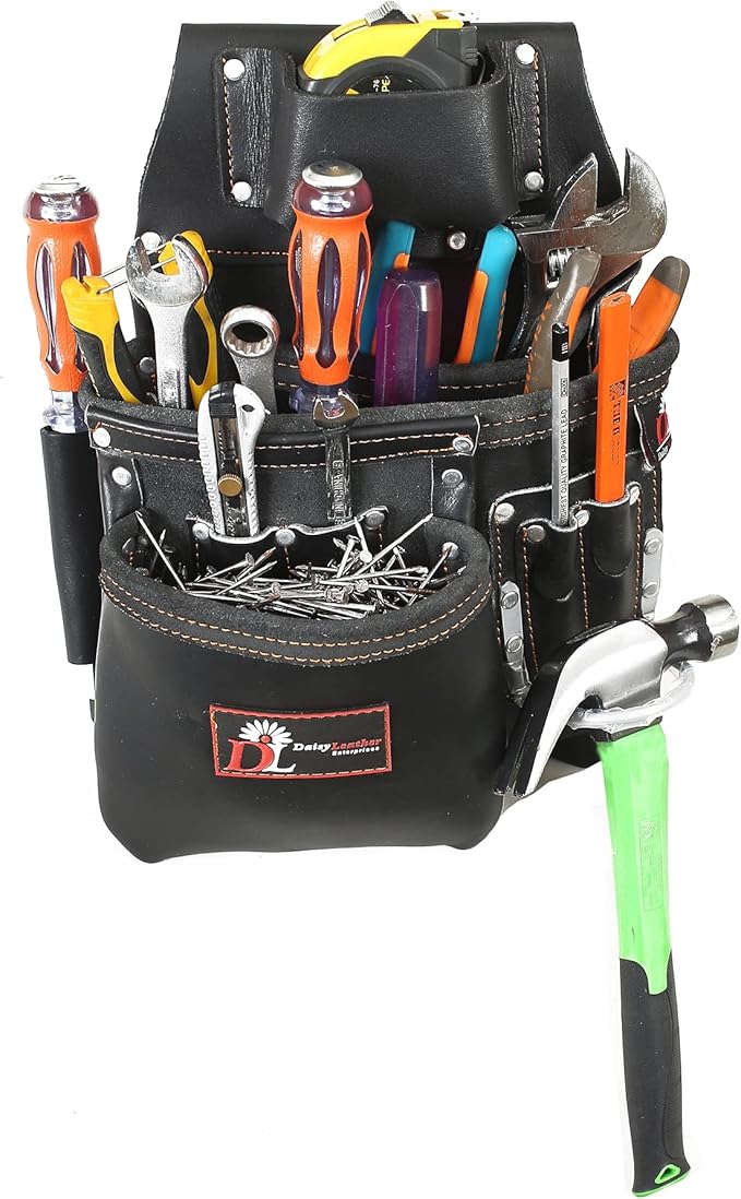 Daisy Leather PRO DL-101 Oil tanned Premium 25 pockets Heavy duty Tool Belt, Carpenter belt Pouch for Construction, Carpenter, Craftsman and Electricians workers, Black, X-Large
