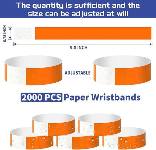 2000 Pcs Paper Wristbands for Events Waterproof Neon Orange Wrist Bands Adhesive Concert Identification Wristbands Hand Bands for Events(Orange)