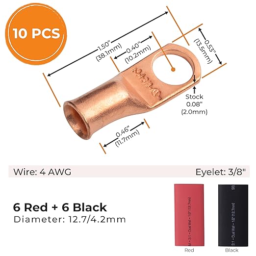 SELTERM 10pcs - 4 Awg - 3/8" Stud - Battery Lugs - Ring Terminal Connectors | with 12pcs 3:1 Black & Red Heat Shrink Tubing with Adhesive | Heavy Duty Battery Cable Ends - Bare Copper Wire Lugs Kit