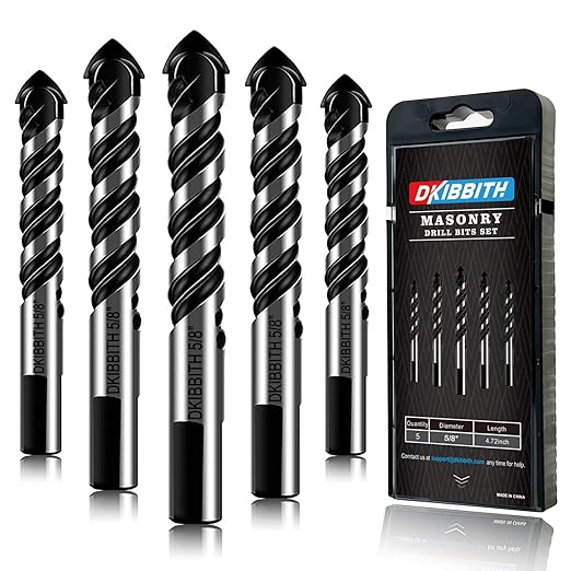 5-Piece 5/8“ Masonry Drill Bits for Tile Glass Ceramic Wall Brick Stone Soft-Metal Wood, 5/8 Inch Concrete Drill Bits Cement Drill Bit Set, 3-Flat Shank, YG8 Carbide Tungsten Steel Alloy Tip 16mm