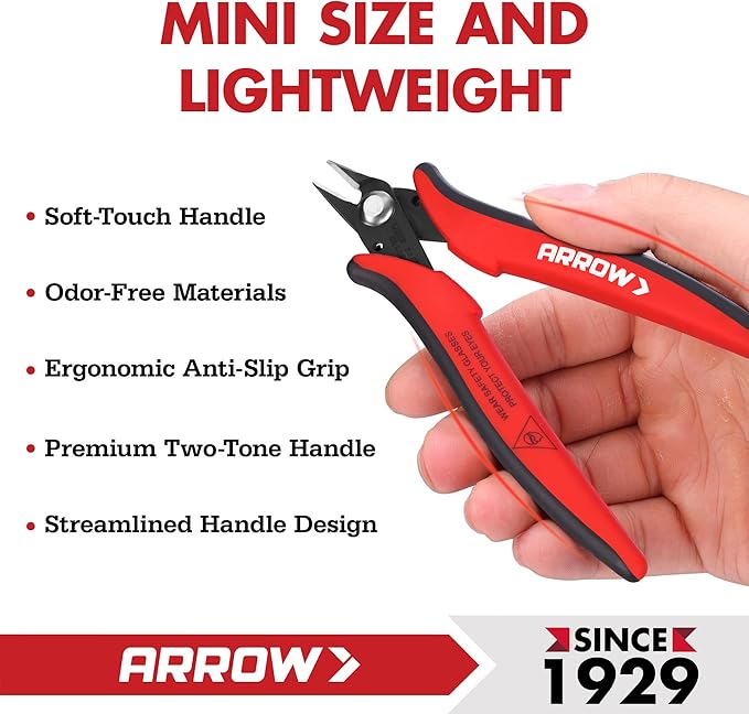 ARROW Micro Wire Cutters, 5" Precision Flush Cutters with Streamlined Handle and Ultra-Sharp Cutting Edge, Side & Diagonal Flush Cut Pliers for Electronics, Jewelry, Crafts, Zip Ties and Soft Wires
