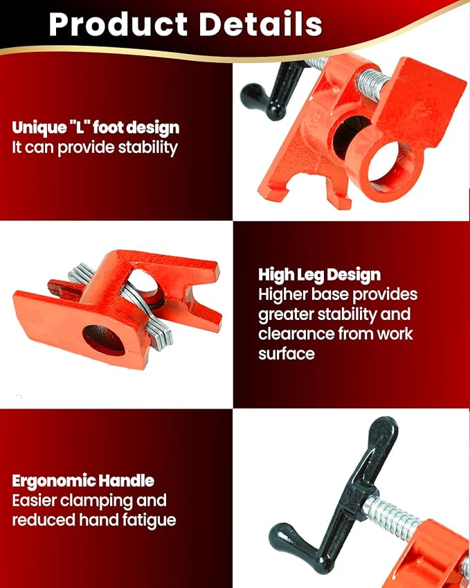 Pipe Clamps 3/4 inch 6 Pack Pipe Clamp with Unique Foot Ideal for Carpentry, Home Improvement, and DIY Projects Wood Gluing Clamps (Orange, 3/4 IN)