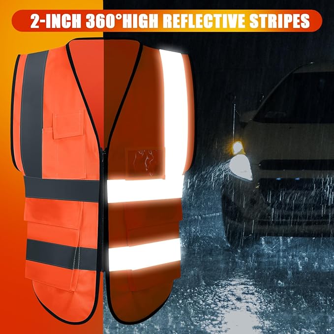15 Pack Reflective Safety Vests with Pockets and Zipper High Visibility Vest Construction Work Vest for Men Women(Orange Red, Medium)