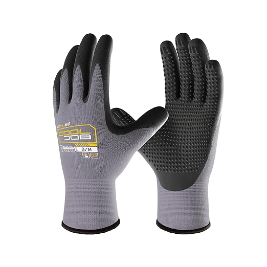 COOLJOB 12 Pairs Nitrile Rubber Coated Nylon Safety Work Gloves Pack Bulk, Dotted for Non-Slip Grip, Breathable Soft Seamless Knit Nitrile Dipped Gloves for Warehouse, Home Improvement, Yard, Large