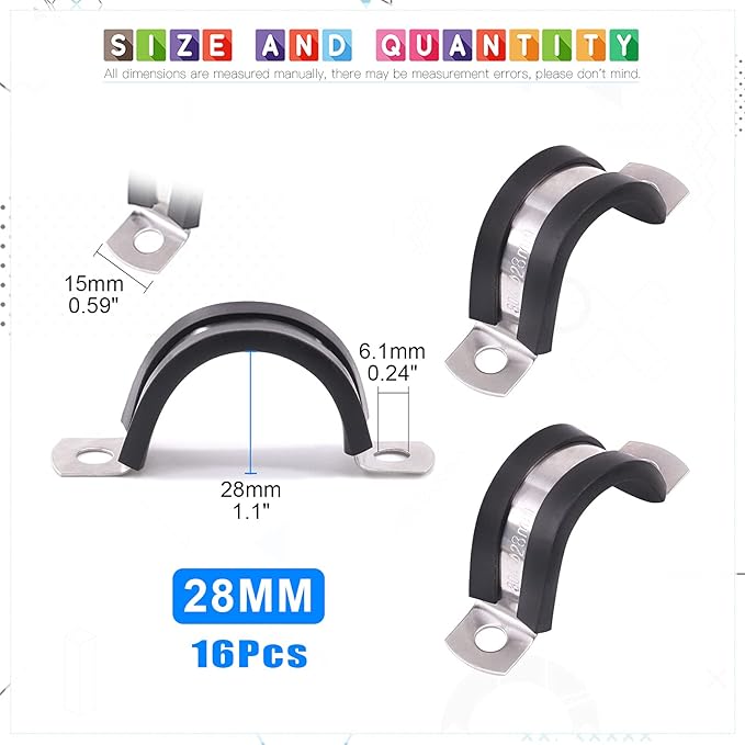 Glarks 16Pcs 28MM 2 Hole U-Tube Strap Clamp Set 304 Stainless Steel Rubber Cushion Rigid Pipe Strap U Bracket Tube Strap Assortment Kit For Pipe Tube Fixing (28mm)