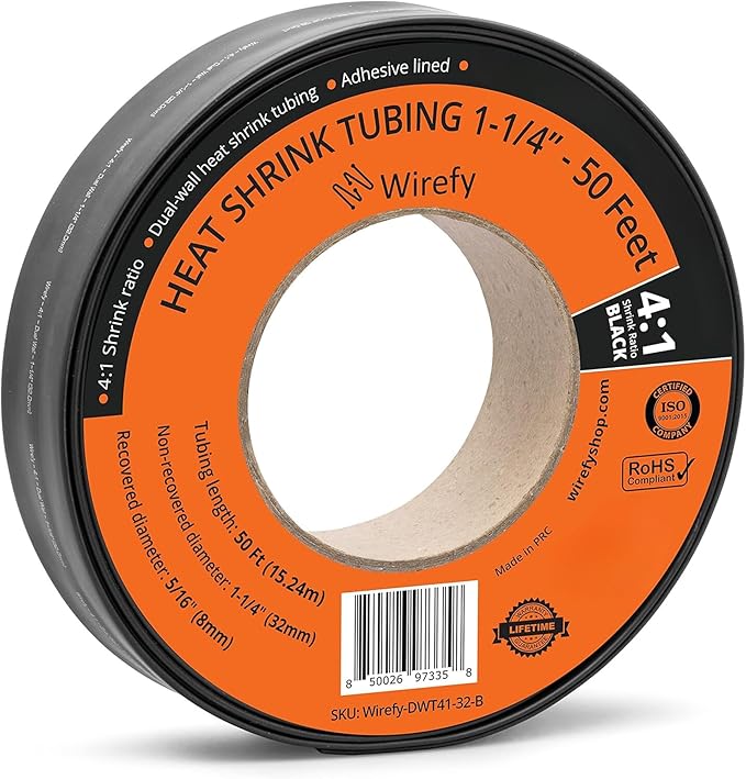 Wirefy 1-1/4" Heat Shrink Tubing - Large Diameter - 4:1 Ratio - Adhesive Lined - Industrial Heat-Shrink Tubing - 50 Feet Roll - Black
