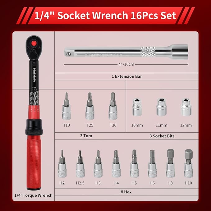 1/4-Inch Drive Click Torque Wrench Set,2.3-24.9 N.M/20-220IN.LB, Bike Torque Wrench Set,16PCS 72-tooth Torque Wrenches Set with Extension Bar & Socket Sets for Bicycle