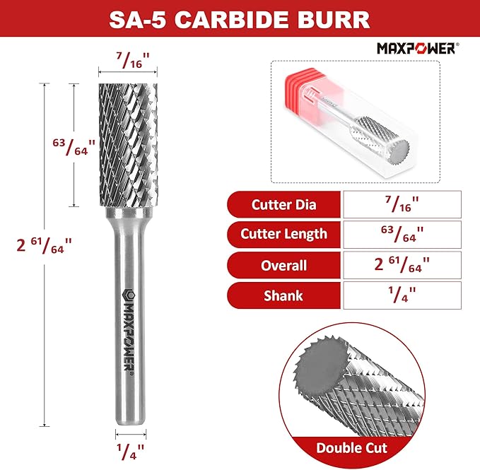 MAXPOWER 1/4" Carbide Burr Set, 3-Piece Rotary Burrs, Double Cutting burrs Rotary File for Metal and Woodworking Drilling, Carving, Polishing, Engraving