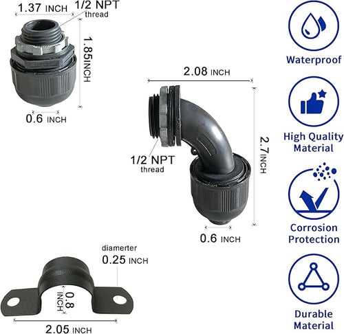 (1/2" Conduit Parts 30 Pack) Yariwiz 1/2 Black Special Extra Flexible Plastic Liquid Tight Conduit Connector Kit, Include 10 Conduit Couplings, 10 Conduit 90 Degree Elbows, 10 Conduit Strap