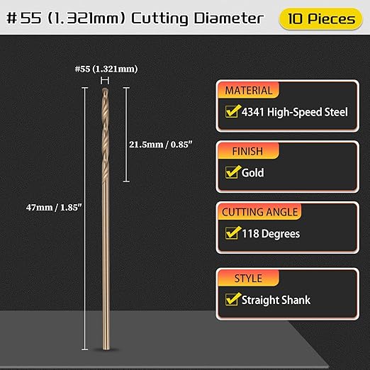 Drill Bit, #55 Cutting Diameter, 4341 HSS Gold Finish 118° Cutting Angle Number Jobber Bits - (Applications: for Drilling Soft Metal Plastic Wood), 10-Pieces