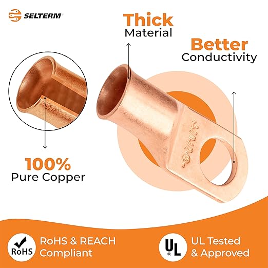 SELTERM 25pcs 2/0 AWG 1/2" Stud Battery Lugs, Ring Terminals, Heavy Duty Copper Wire Lugs, Battery Cable Ends, 00 Gaug Ring Terminal Connectors, UL Bare Copper Eyelets Electrical Battery Cable Lugs