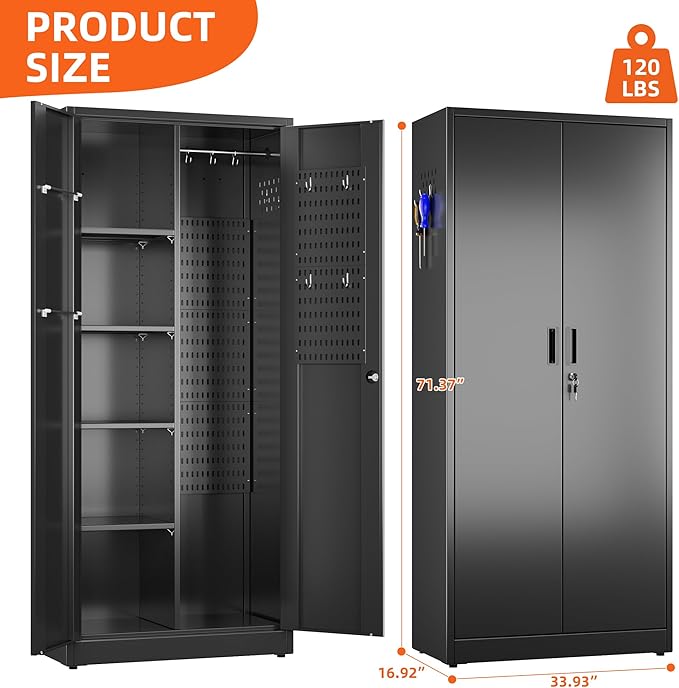 Aobabo Metal Cleaning Tool Storage Cabinet with Lockable Door, 13 Hooks and Towel Racks, Broom Closet Storage Cabinet for Janitorial Supplies, 71.37" H×33.93" W×16.92" D, Assembly Required, Black