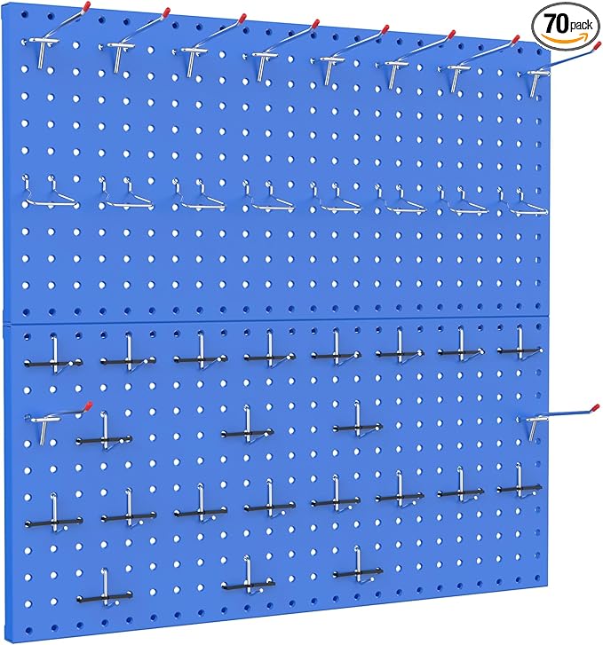 TORACK Metal Pegboard Wall Organizer 24" x 24" or 12" x 48", 70 PCS Tools Storage Pegboard for Garage Tool Organizer Pegboard with Peg Board Hooks for Workbench(Blue)