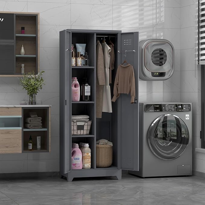 65''H Broom Closet Storage Cabinets, Metal Utility Closet Storage Cabinet, Indoor Cleaning Cabinet with Adjustable Shelves and S-Hooks for Bathroom,Garage