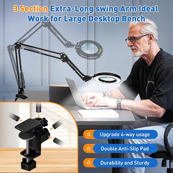 Ultra Long 3-Section Swing Arm 12X 30X Magnifying Glass with Light and Stand, 4-Way Large Strong Metal Clamp Lighted Magnifier Lamp, 5 Color Modes LED Magnifying Lamp for Workbench Crafting