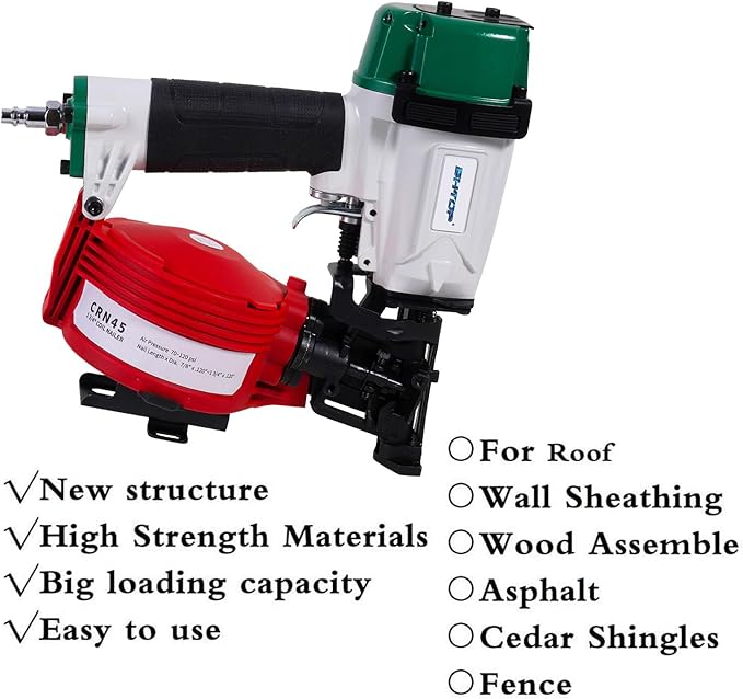 BHTOP Mexican Style CN45N Roofing Nailer, 15 Degree Roofing Nail Gun, 3/4-Inch to 1-3/4-Inch Coil Nails, 120-pcs Load Capacity Coil Naile