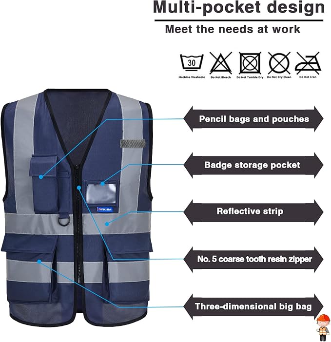 navy blue safety vest with zipper pockets