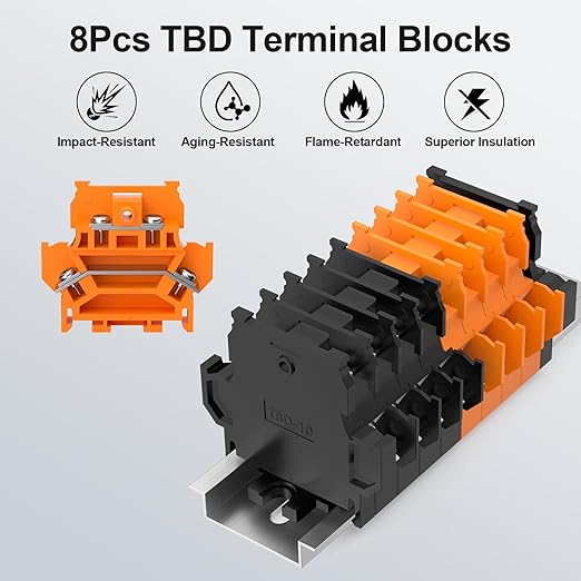 8Pcs TBD Terminal Blocks, 600V 10A 0.5-1.5mm², Detachable & Assemblable Din Rail Mounted Screw Terminal Blocks, with 2 Partition Plates