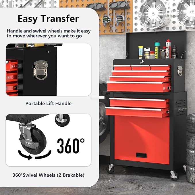 8 Drawer Tools Chest,42.9 inch Tool Cabinet with Universal Lockable Wheels，Organizable Tool Box with Detachable Top Box for Workshop，BlackRed