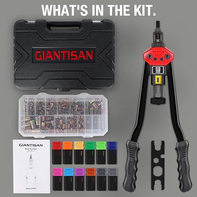 Rivet Nut Tool Kit,16-Inch Rivnut Tool Kit with 12 Metric and SAE Mandrels, 176Pcs Rivet nut Assortment Kit, Designed for Labour Saving