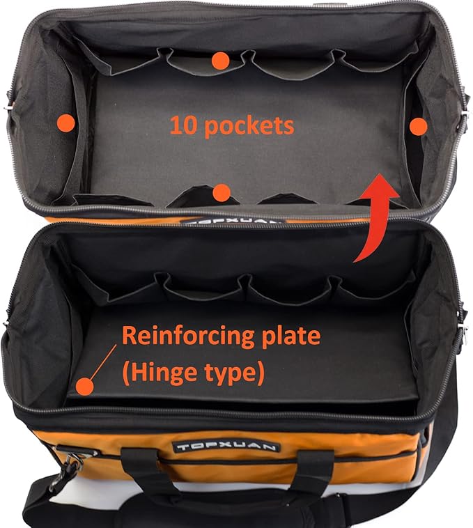 Tool Bag 13 Inch Waterproof Orange Tool Organizer with Wide Mouth and Shoulder Strap for Power and Small Hand Tools Oxford Cloth Fabric(18 Pockets)