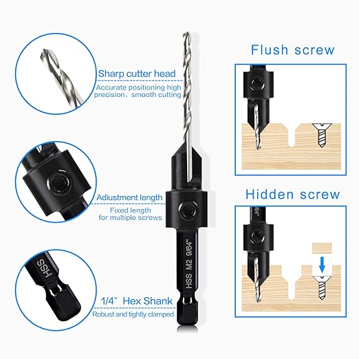 3-pc Countersink Drill Bit Set #10#12#16, 3in1 Woodworking Counterbore Hole Saw Drill Bits, Depth Adjustable M2 Pilot Drill Bits, 82-Degree Chamfer, 1/4” Hex Shank, with 1 Allen Wrench