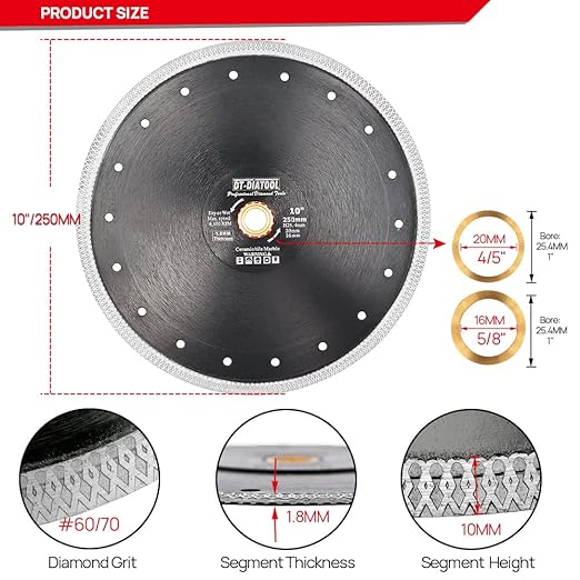DT-DIATOOL Diamond Tile Blade 10 Inch Diamond Turbo X Mesh Rim Segement Circular Saw Blade for Procelain Ceramic Stoneware Marble Granite Fits 5/8"-7/8" Arbor