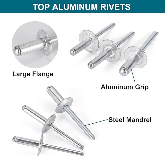 200PCS Pop Rivets Assortment Kit, Large Flange Aluminum Rivets(1/8" 3/16" 1/4") Assorted Blind Rivets with Case
