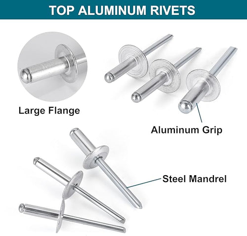 200PCS Pop Rivets Assortment Kit, Large Flange Aluminum Rivets(1/8" 3/16" 1/4") Assorted Blind Rivets with Case
