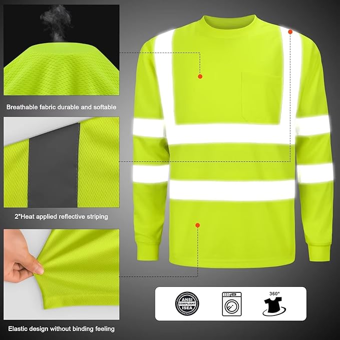 High Visibilty Class 3 T Shirts, Hi vis Safety Shits with Refective Strips and Pocket, ong Sleeve Quick Dry Mesh Construction Work Shirt for Men/Women Lime,Large