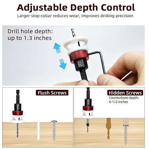 Countersink Drill Bit Set, Upgraded Larger Depth Stop, 5 PCS Replaceable HSS M2 Tapered Head, a Screwdriver Bit and a Wrench, 1/4" Hex Shank Counter Sink Drill Bit for Wood