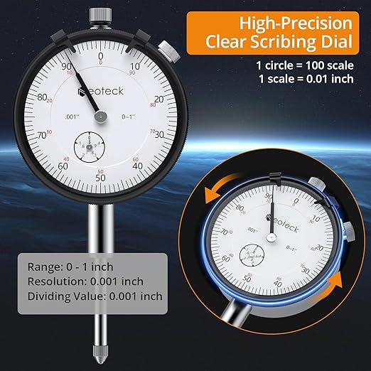 Neoteck 1"/0.001" Dial Indicator,Dial Indicator Gauge Full Metal Construction High Precision Tool for Lathe,Table Saw,Workshop and CNC Machining and Automotive Brake Caliper