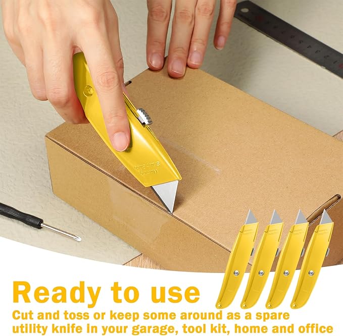 Lasnten 12 Pcs Box Cutter Bulk Retractable Utility Knife Heavy Duty Aluminum Alloy Carpet Knife Package Opener Cutter Blade for Cardboard Plastics Cartons DIY Home Warehouse Office(Yellow)