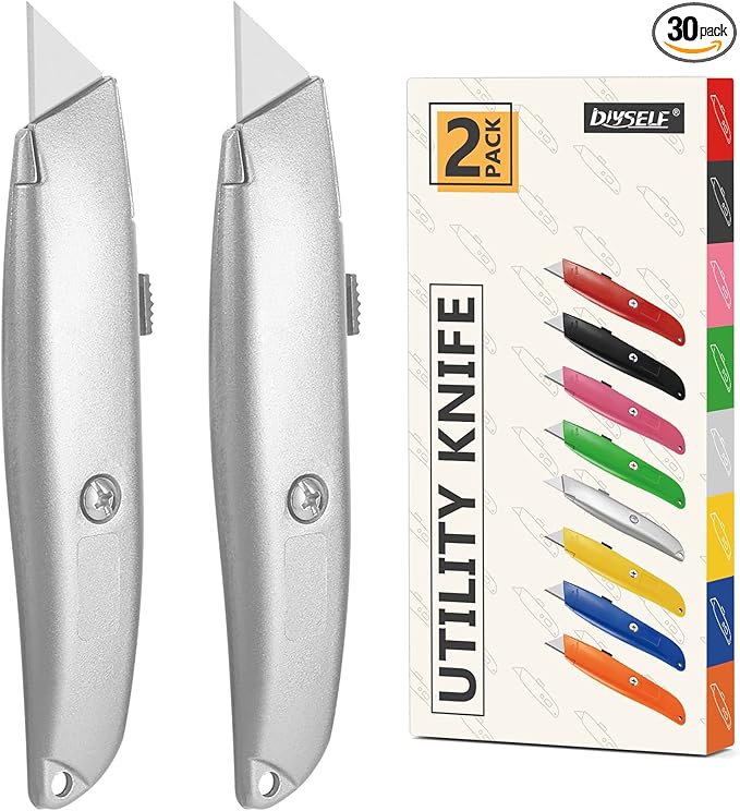 DIYSELF 30 Pack Box Cutter Heavy Duty Aluminium Shell Utility Knife | SK5 Steel Sharp Blade | Retractable Knife for Cutting Cartons Ropes and Cardboard | Home and Office Use (Silver)