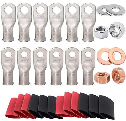 Tinned Copper 0 Gauge Battery Cable Ends 1/0 AWG 3/8" & 1/0 AWG 5/16" Ring Terminals Battery Lugs 0 AWG Bare Copper Lugs Kit 12 PCS 0 Gauge Wire Lugs +12PCS 3:1 Heat Shrinks + Hex Nuts + Flat Washers