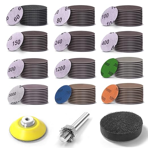 2 Inch Sanding Disc 120 Pcs Wet Dry Hook and Loop Sandpaper Pads Kit 60-10000 Grits 1/4 in Backer Plate and Foam Buffering Pad for Wood, Metal, Car, Drywall, Drill Grinder Rotary Tools Attachment
