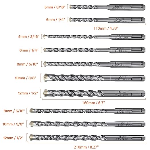Lytool SDS Plus Drill Bits Set – 10Pcs Carbide Tip Masonry Drill Bits for Concrete, Brick, Tile, Block, Stone, and Marble – Compatible with Rotary Hammer Drills (3/16",1/4",5/16", 3/8", 1/2")