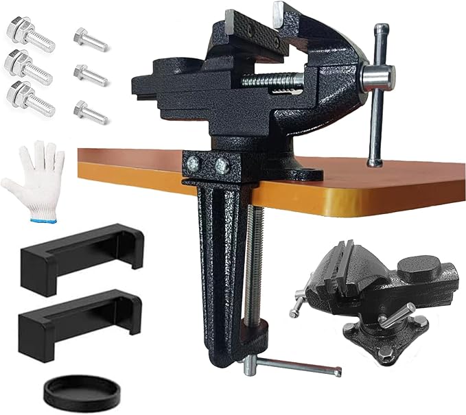 2-in-1 Dual-Purpose Combined Bench Vise or Table Vise with end-locking arrangement; Portable Universal Rotate 360° Work Clamp-On Vise, 2.5" Black